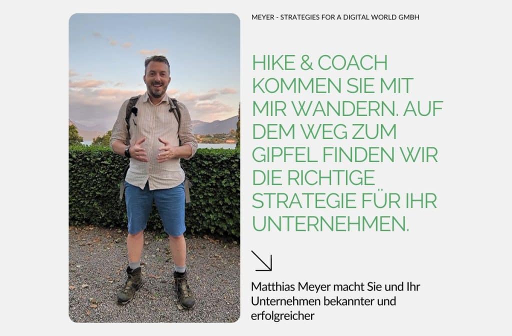 Hike & Coach - Das Business Coaching mit Matthias Meyer. Gehen Sie mit Matthias Meyer für einen Tag wandern. Auf dem Weg zum Gipfel finden Sie die Kommunikationsstrategie für Ihr Unternehmen.